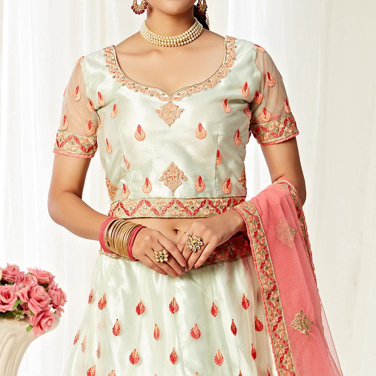 Lovely Pista Colored Wedding Wear Embroidered Heavy Net Lehenga Choli - Peachmode