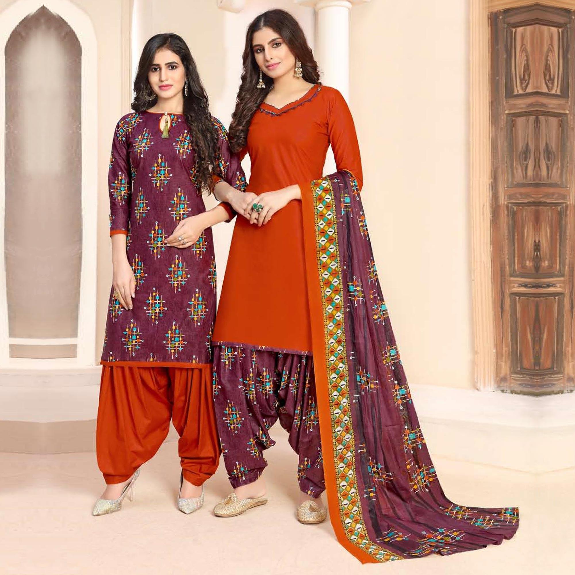 Lovely Purple - Orange Colored Colored Casual Wear Printed Cotton Patiala Dress Material - Peachmode
