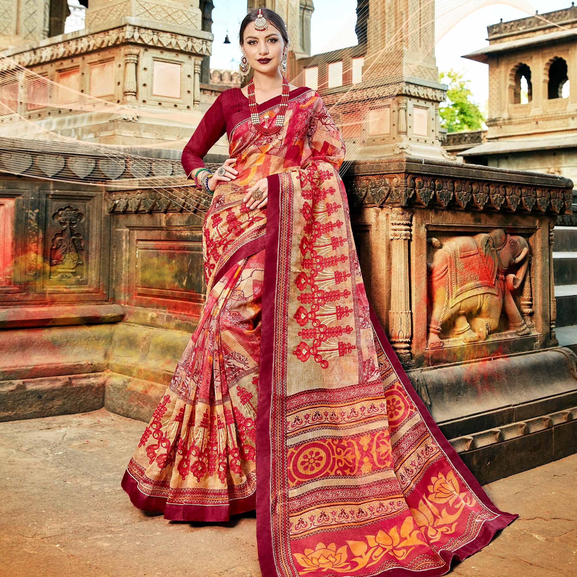 Lovely Red Colored Casual Printed Netted Saree - Peachmode