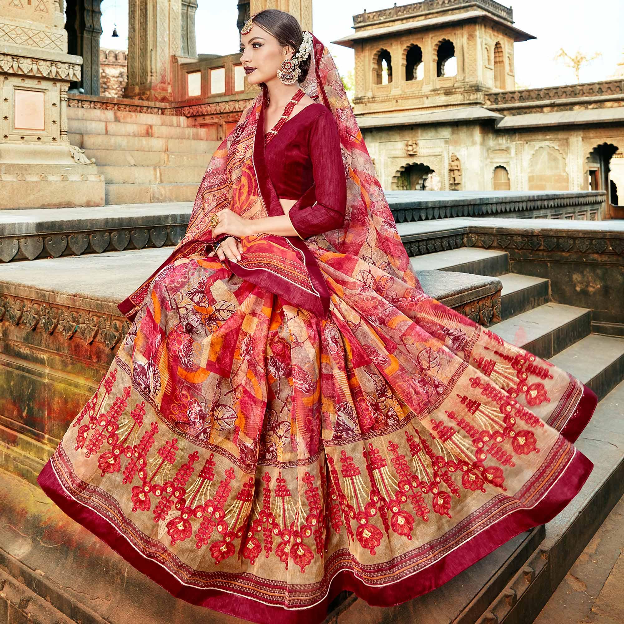Lovely Red Colored Casual Printed Netted Saree - Peachmode
