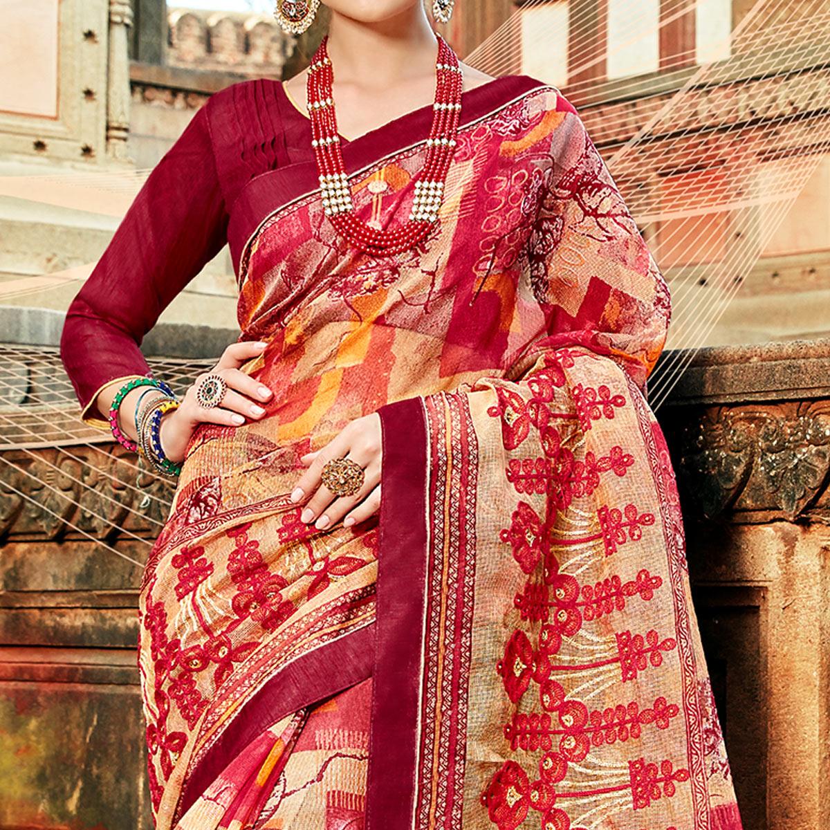 Lovely Red Colored Casual Printed Netted Saree - Peachmode