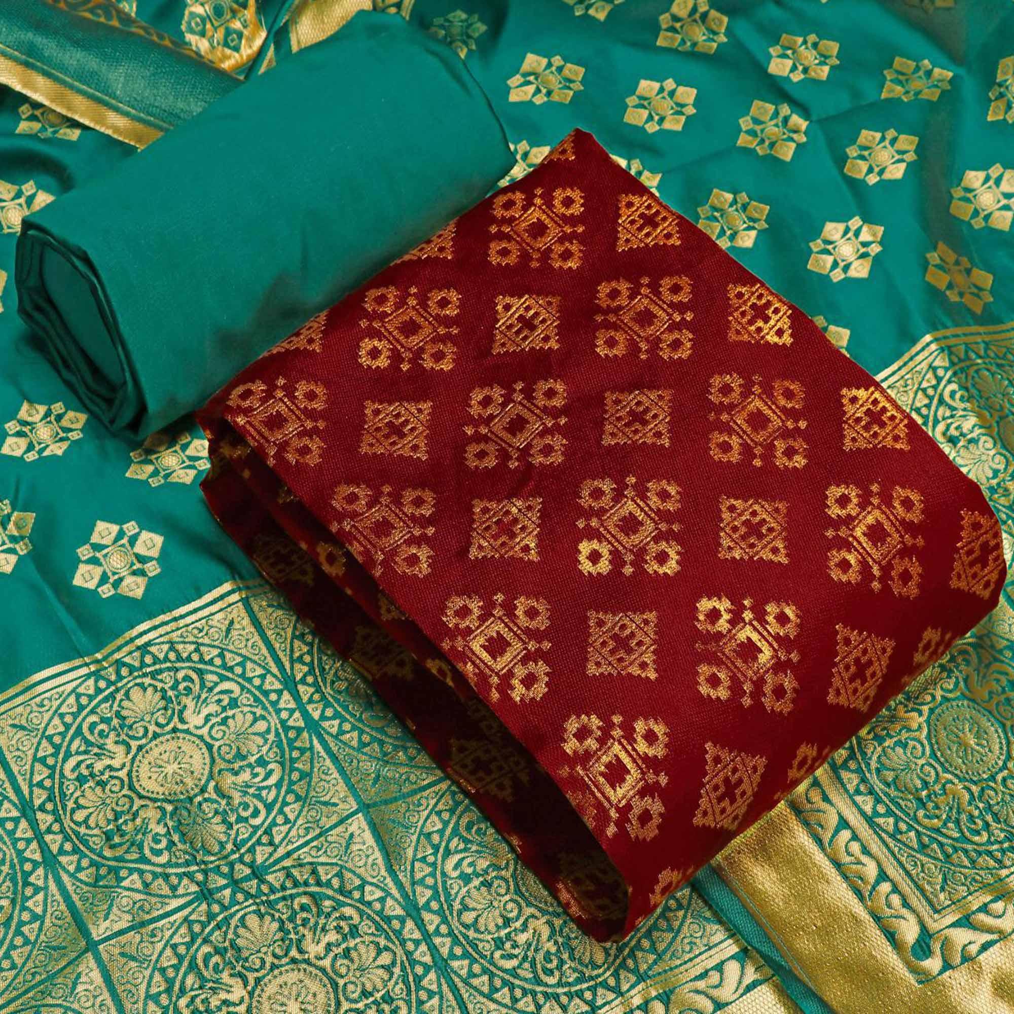 Lovely Red Colored Casual Wear Banarasi Silk Dress Material - Peachmode