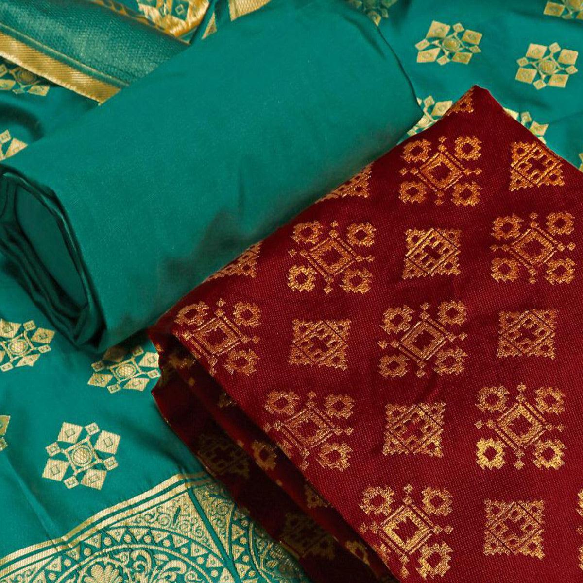 Lovely Red Colored Casual Wear Banarasi Silk Dress Material - Peachmode