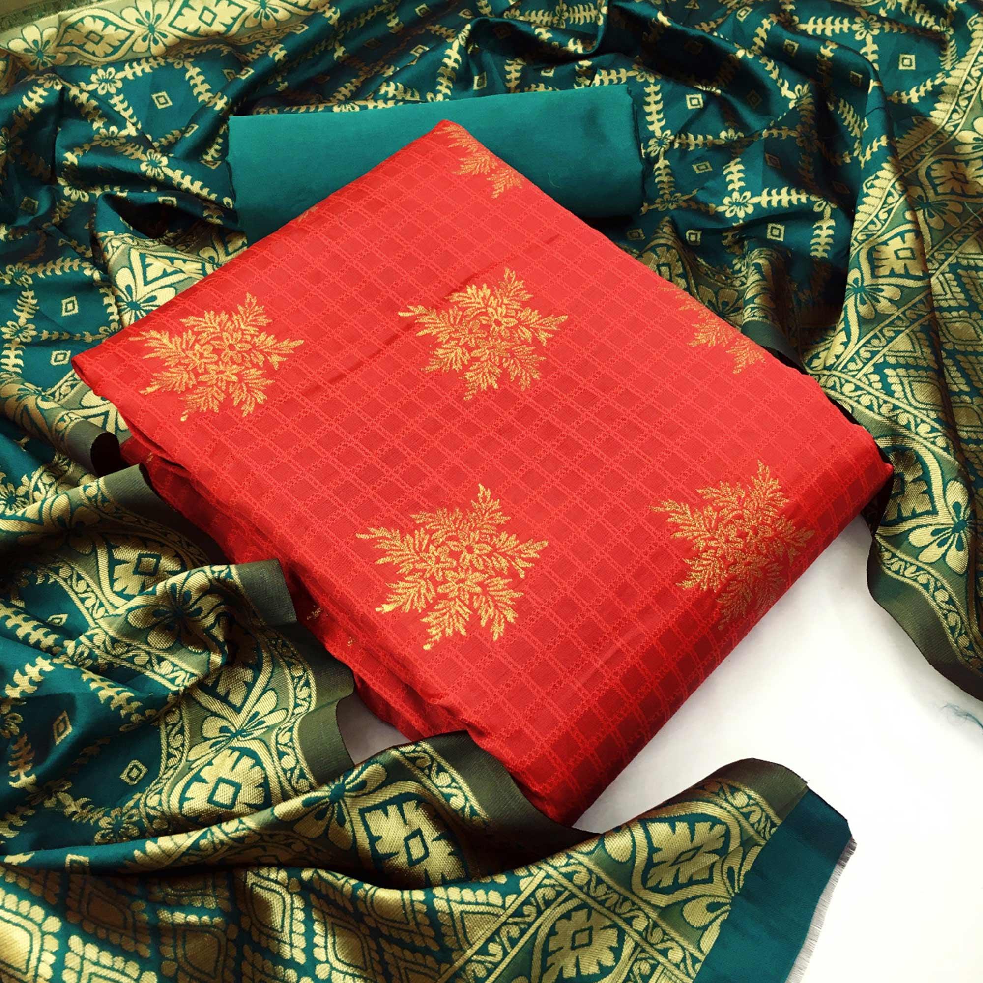 Lovely Red Colored Casual Wear Woven Banarasi Silk Dress Material - Peachmode