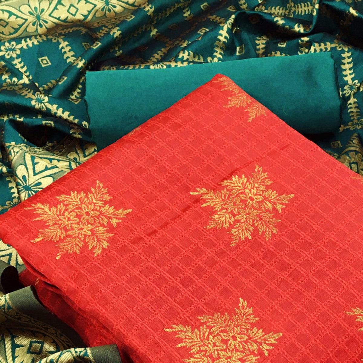 Lovely Red Colored Casual Wear Woven Banarasi Silk Dress Material - Peachmode