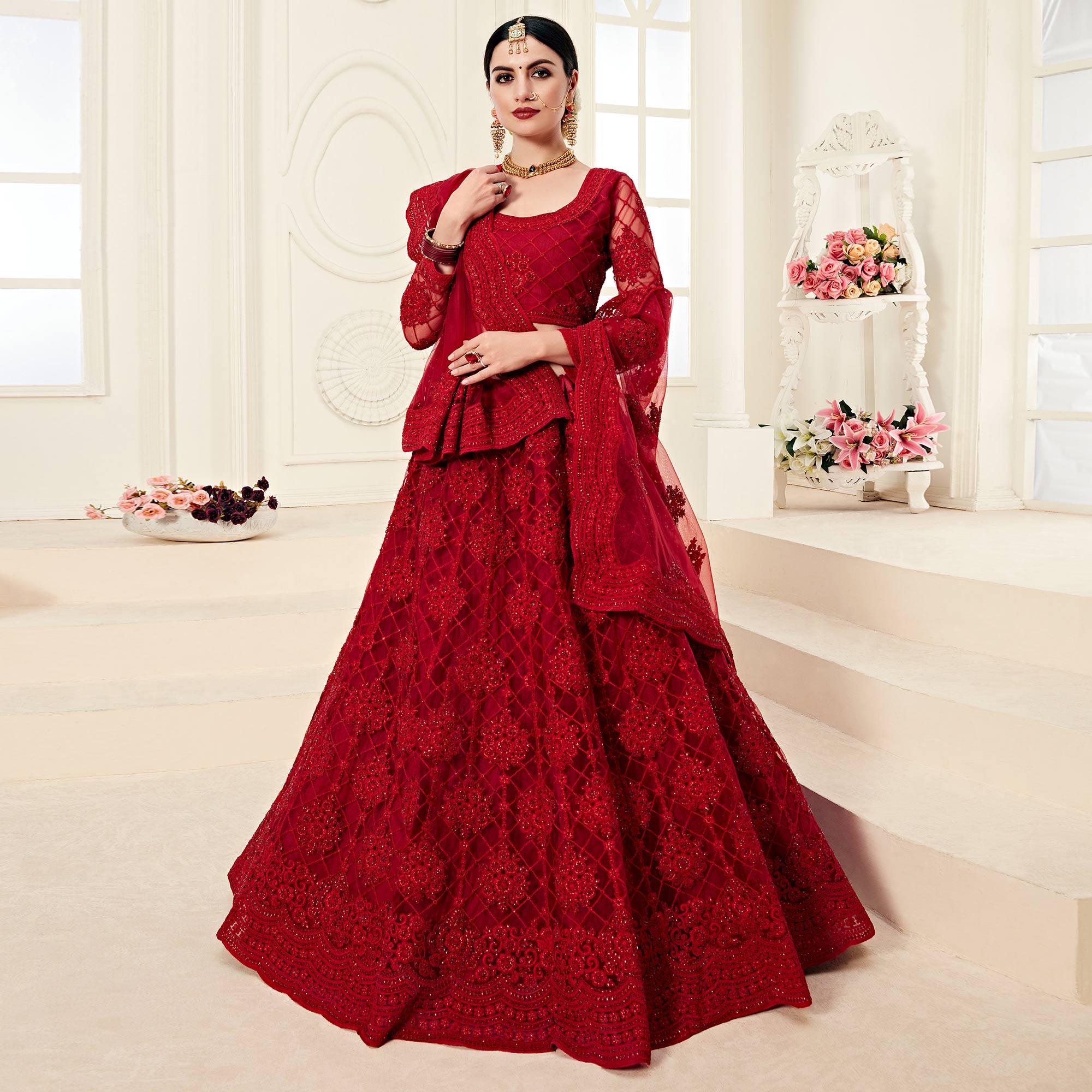 Lovely Red Colored Cording Embroidery Wedding Wear Net Lehenga Choli - Peachmode