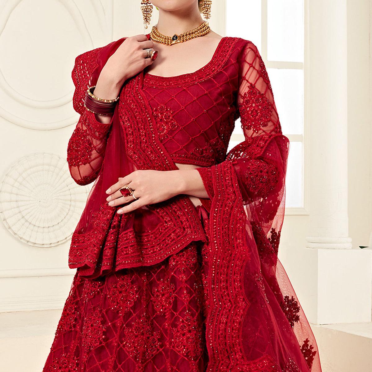 Lovely Red Colored Cording Embroidery Wedding Wear Net Lehenga Choli - Peachmode