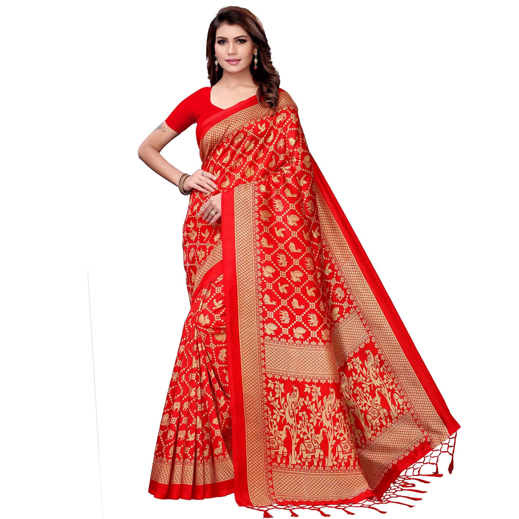 Lovely Red Colored Festive Wear Art Silk Saree - Peachmode