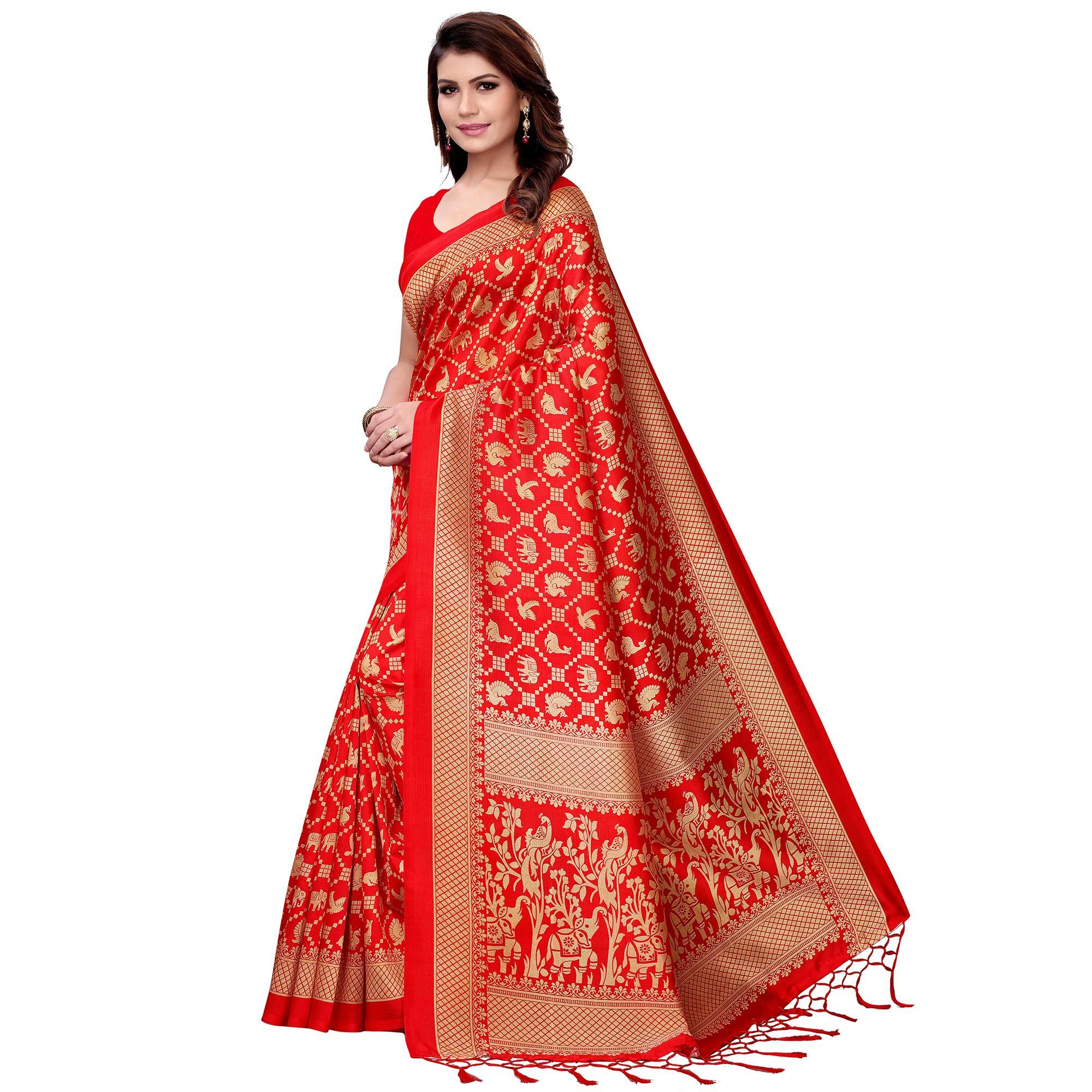 Lovely Red Colored Festive Wear Art Silk Saree - Peachmode