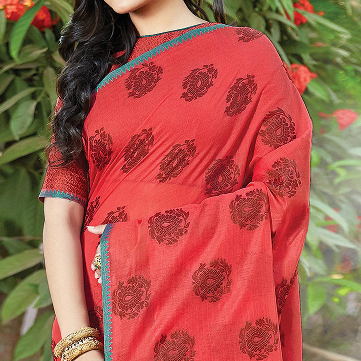Lovely Red Colored Festive Wear Woven Cotton Handloom Saree - Peachmode
