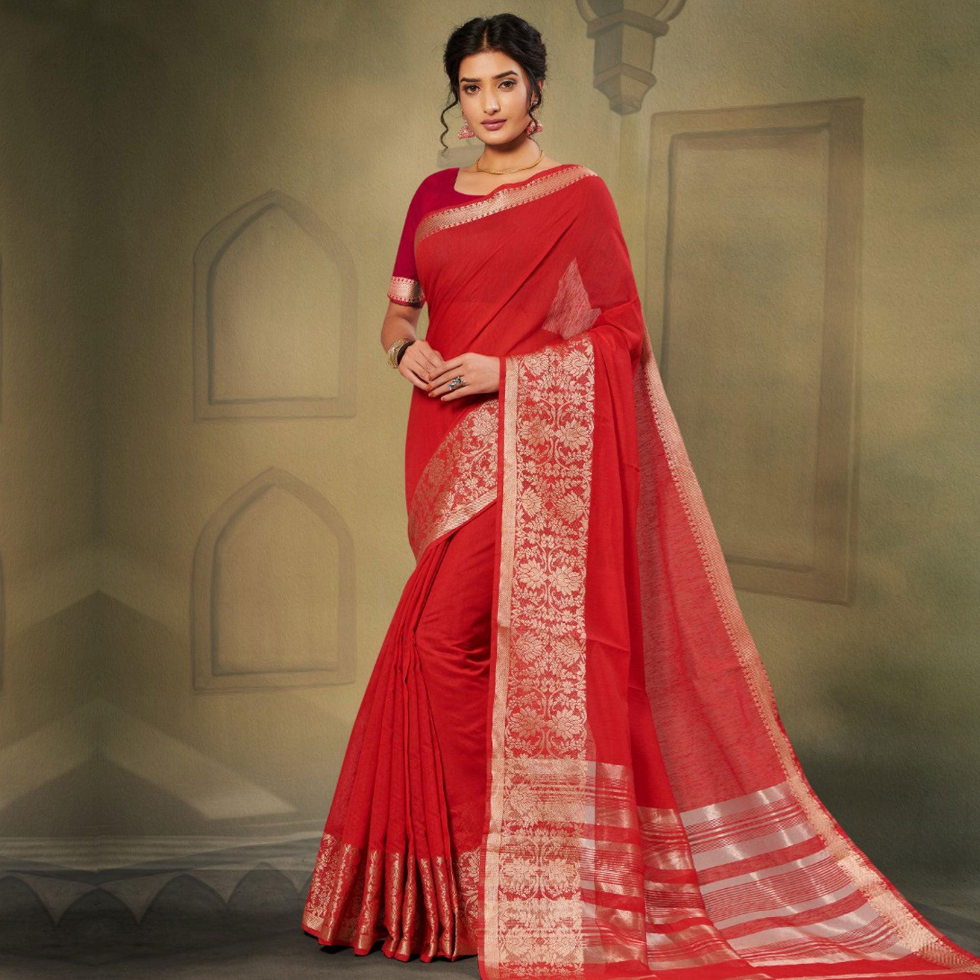 Lovely Red Colored Festive Wear Woven Silk Saree - Peachmode