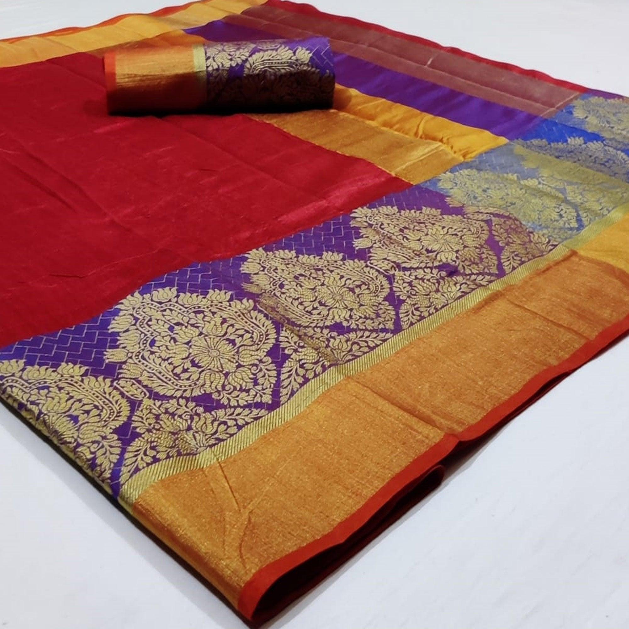 Lovely Red Colored Festive Wear Woven Silk Saree - Peachmode