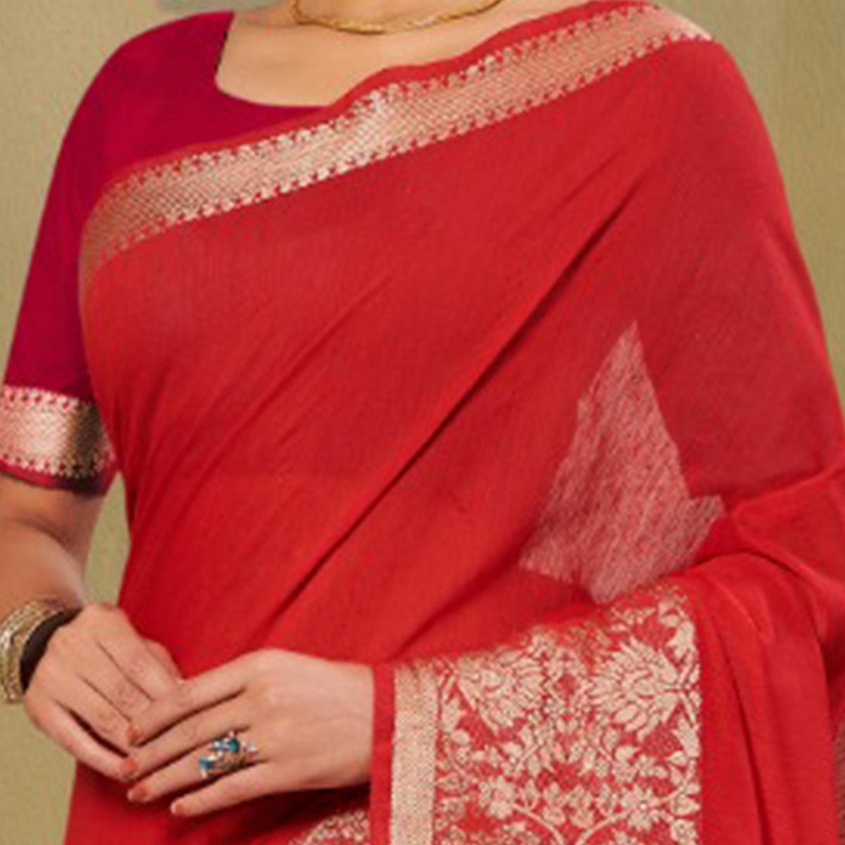 Lovely Red Colored Festive Wear Woven Silk Saree - Peachmode