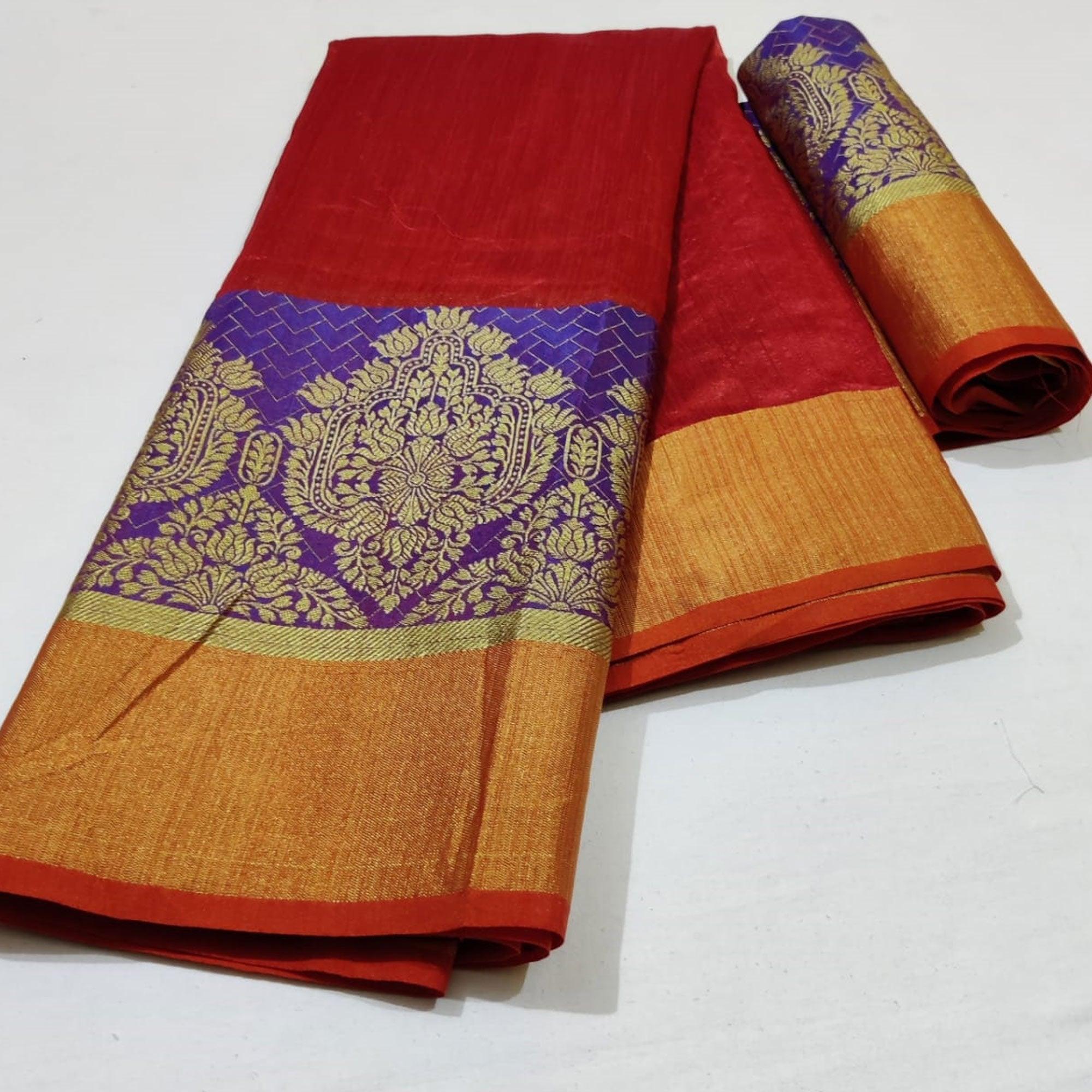 Lovely Red Colored Festive Wear Woven Silk Saree - Peachmode