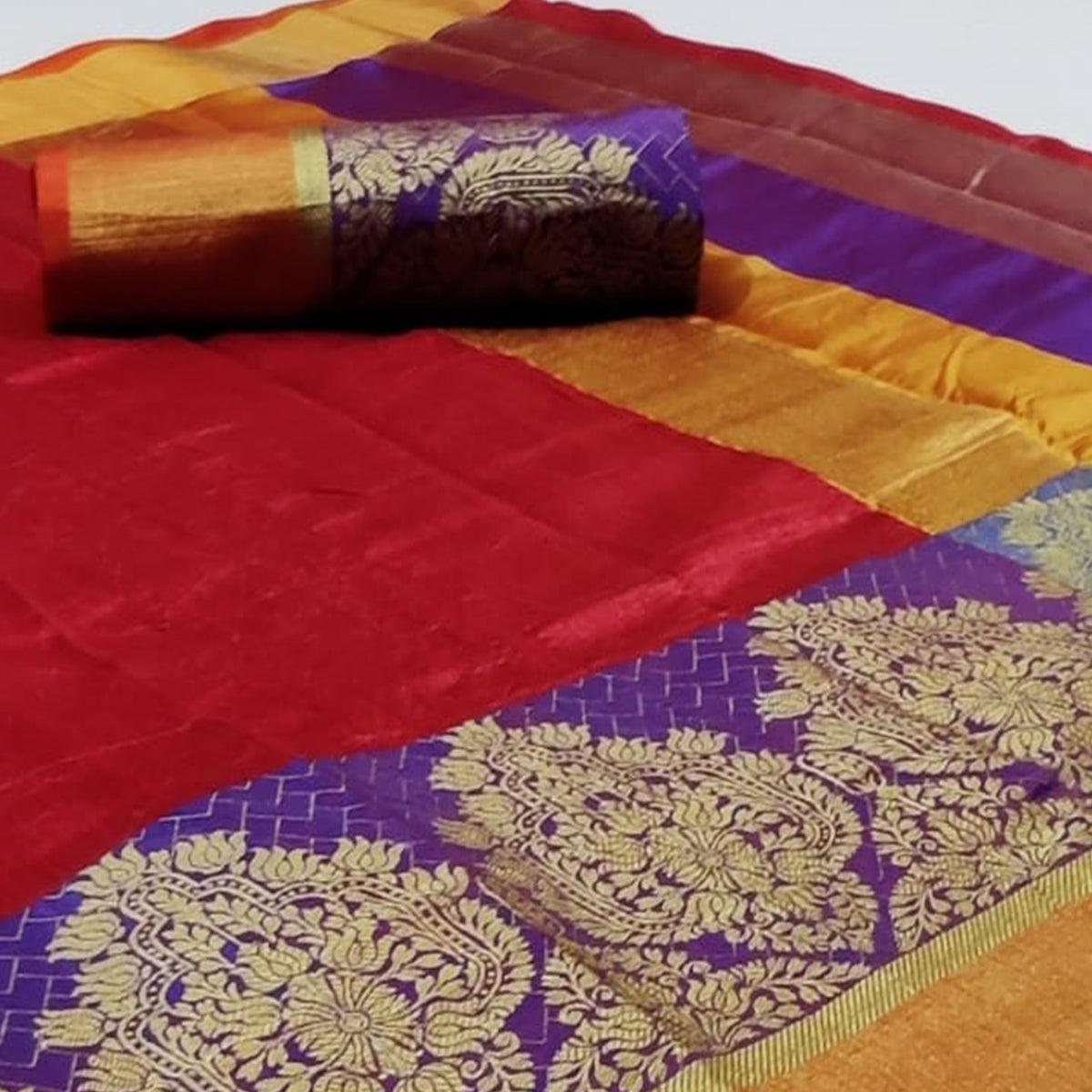 Lovely Red Colored Festive Wear Woven Silk Saree - Peachmode
