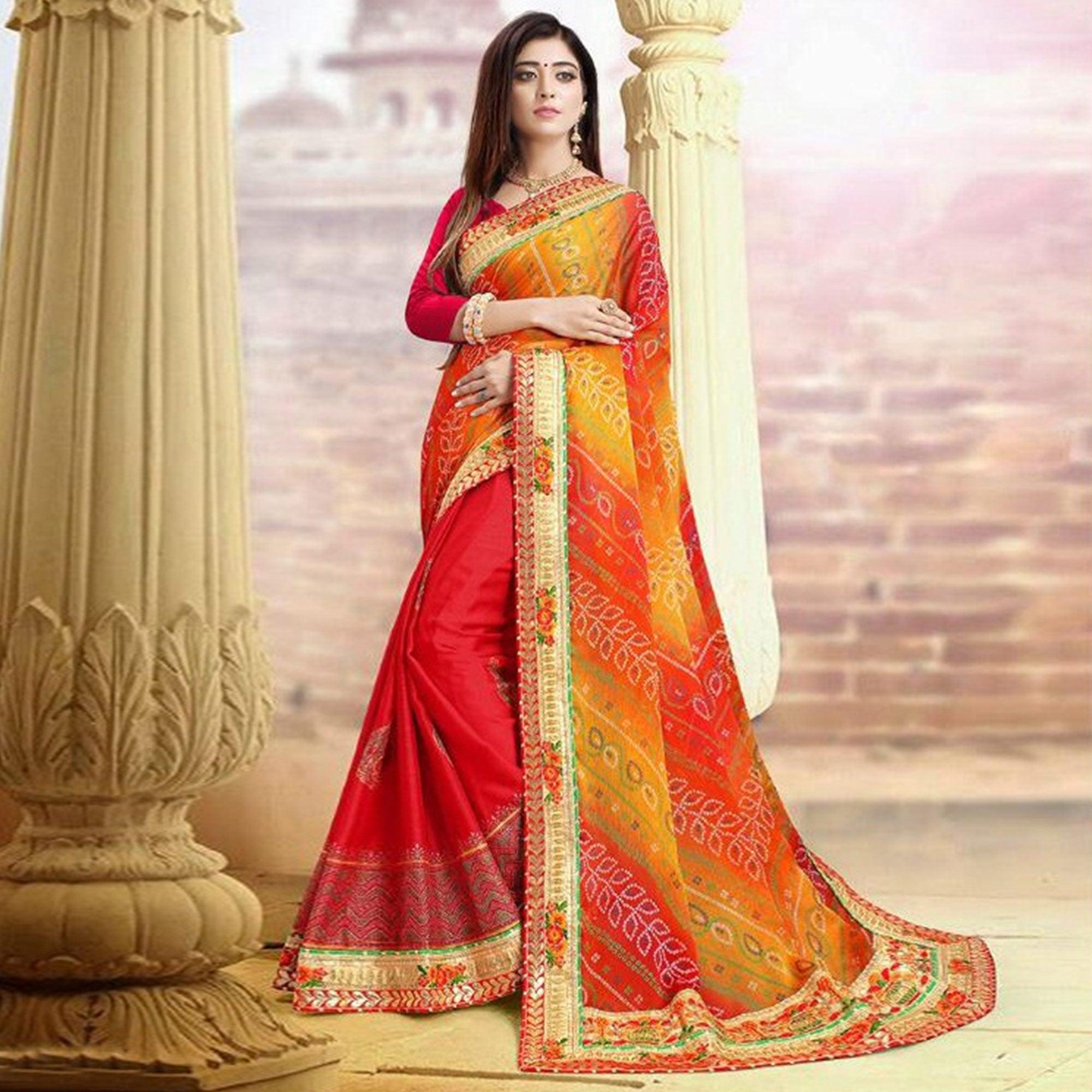 Lovely Red Colored Festive Wear Zari Work Moss Chiffon Half-Half Saree - Peachmode