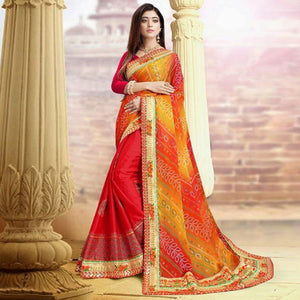 Lovely Red Colored Festive Wear Zari Work Moss Chiffon Half-Half Saree - Peachmode