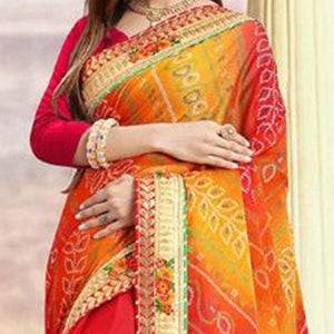 Lovely Red Colored Festive Wear Zari Work Moss Chiffon Half-Half Saree - Peachmode