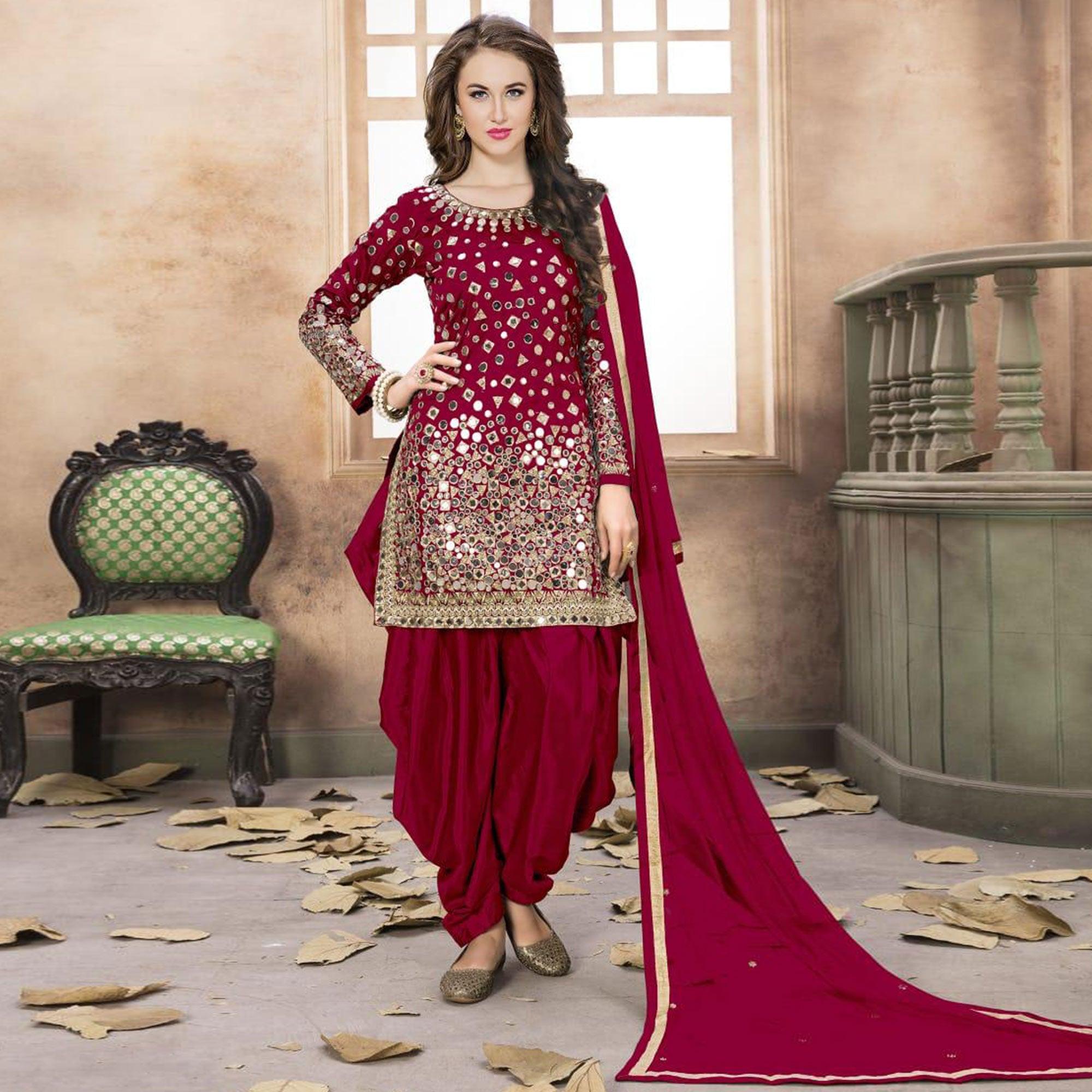 Lovely Red Colored Partywear Embroidered Tapeta Silk Patiala Suit - Peachmode