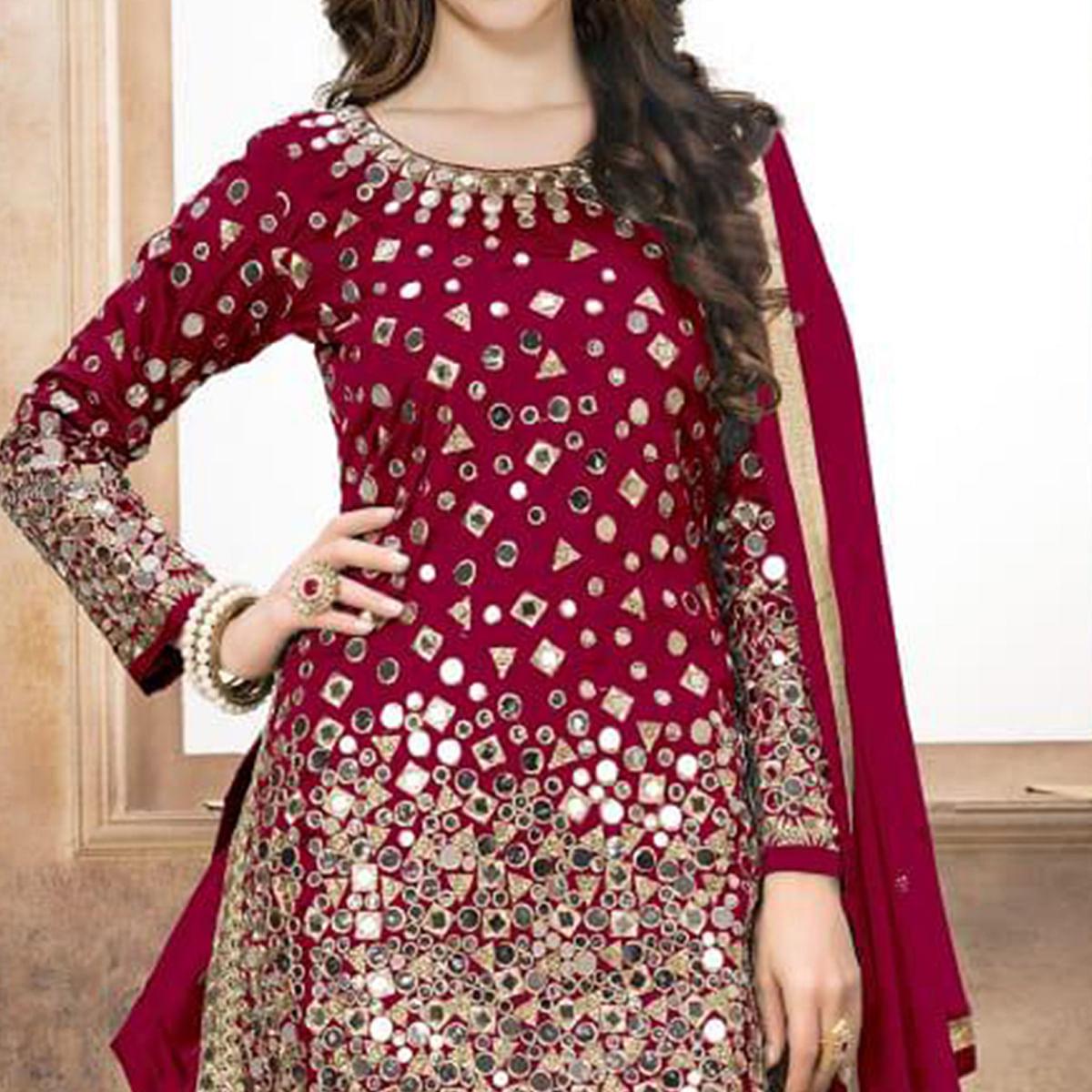 Lovely Red Colored Partywear Embroidered Tapeta Silk Patiala Suit - Peachmode