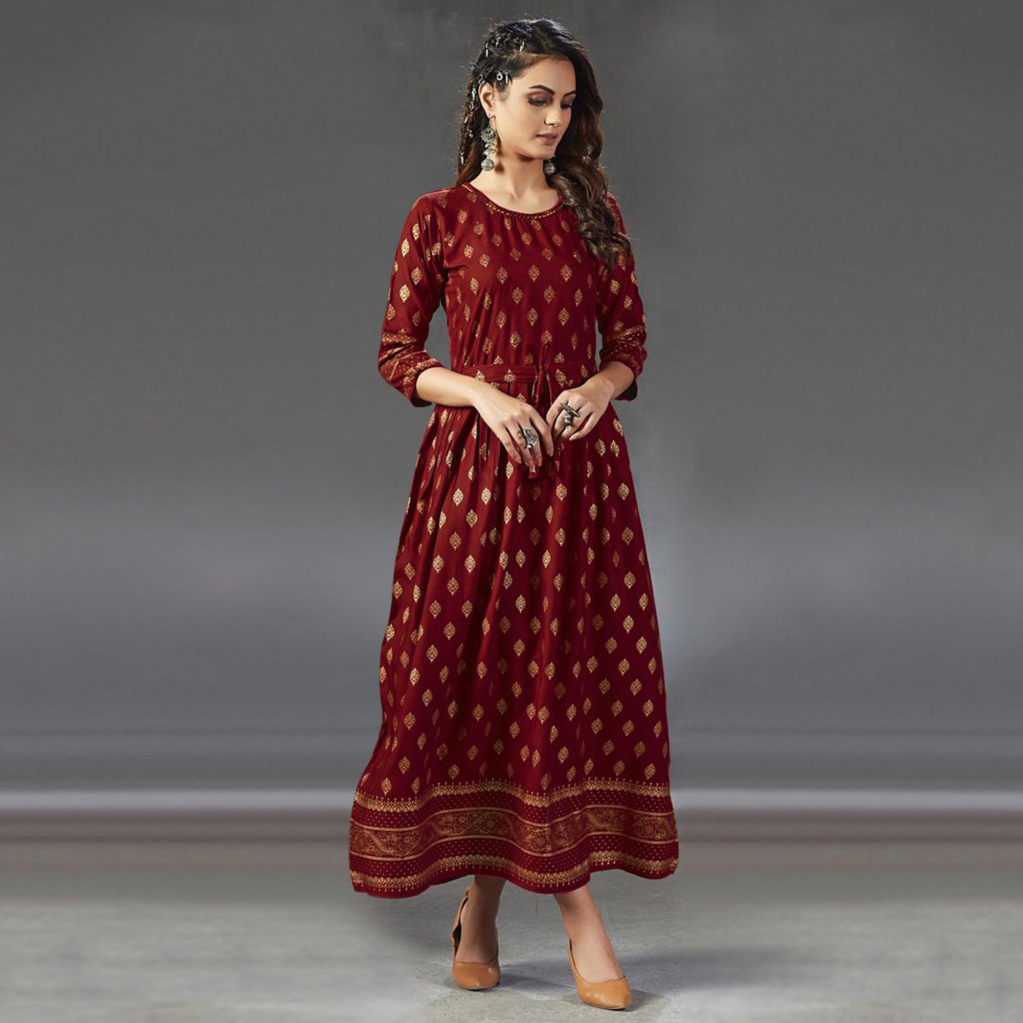Lovely Red  Colored Partywear Foil Printed Viscose Rayon Kurti - Peachmode
