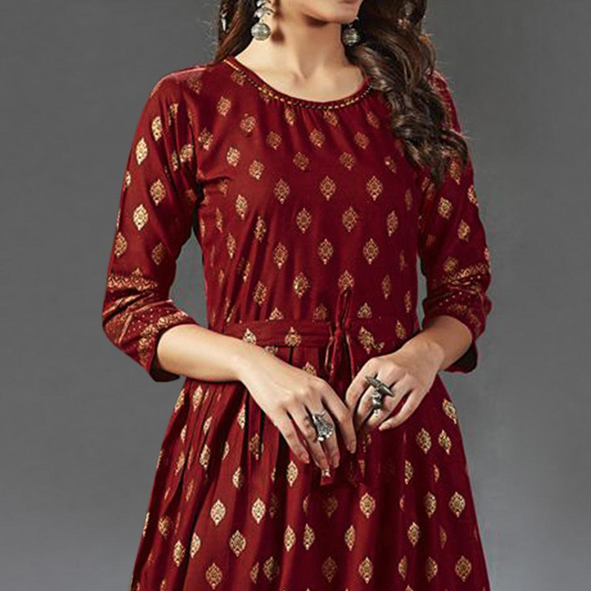 Lovely Red  Colored Partywear Foil Printed Viscose Rayon Kurti - Peachmode