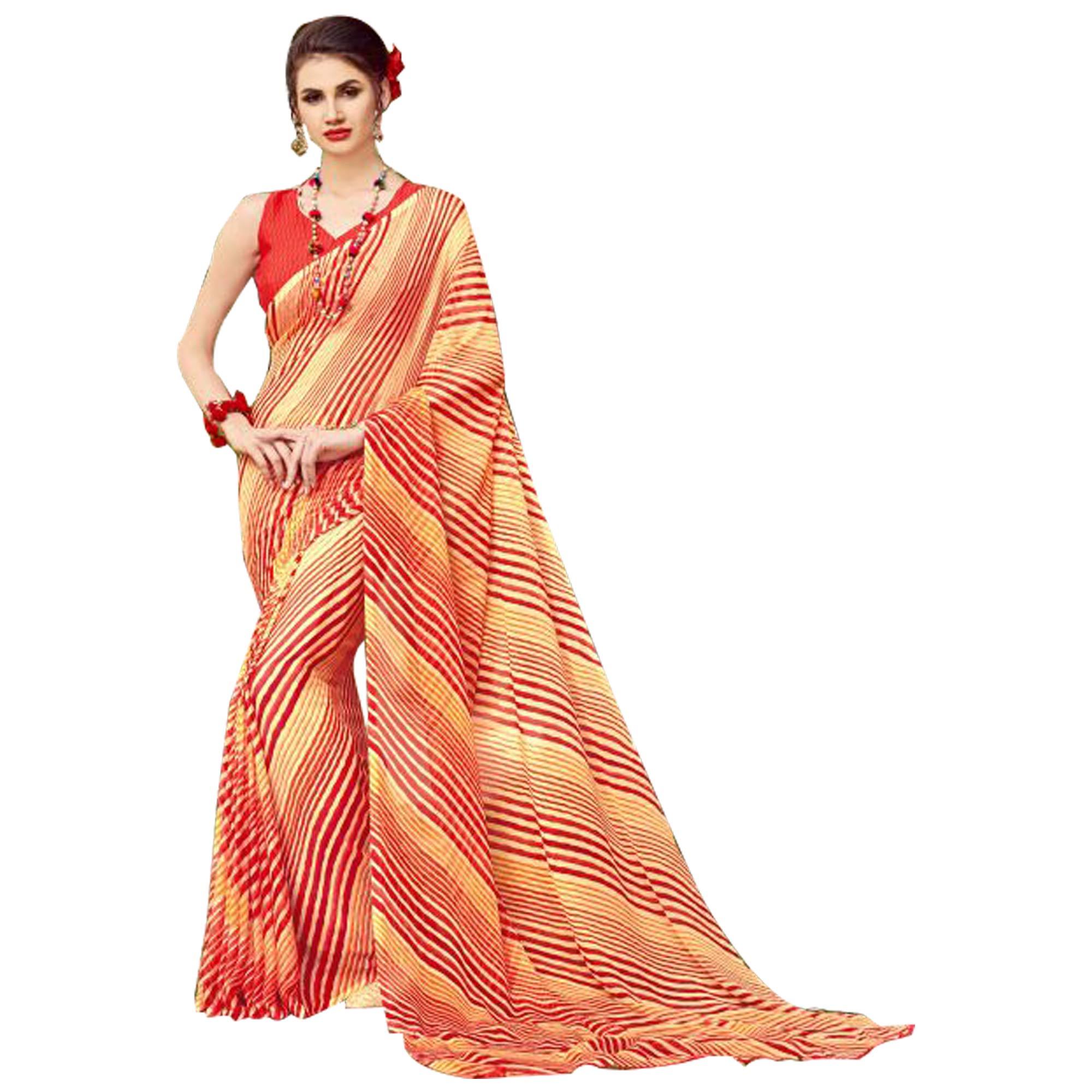 Lovely Red-Yellow Colored Casual Printed Chiffon Saree - Peachmode