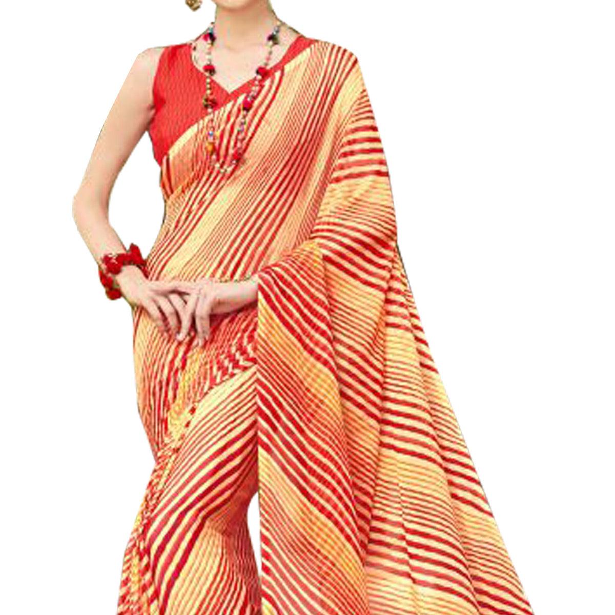 Lovely Red-Yellow Colored Casual Printed Chiffon Saree - Peachmode