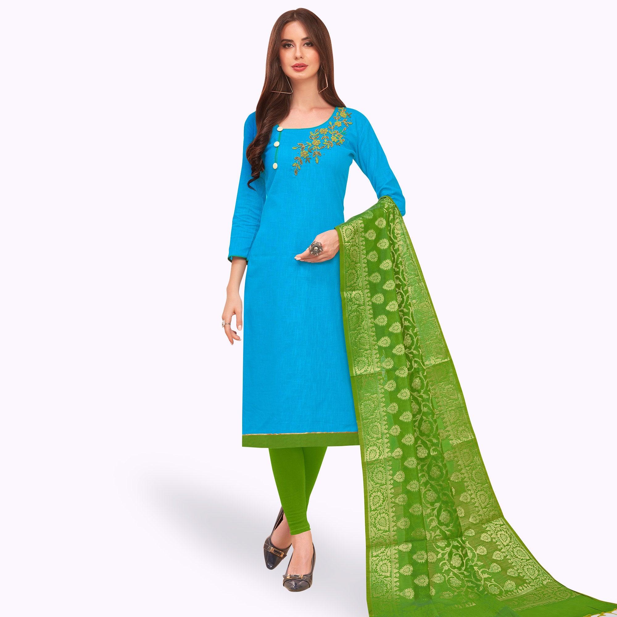 Lovely Sky Blue Colored Casual Wear Embroidered Cotton Dress Material With Banarasi Silk Dupatta - Peachmode