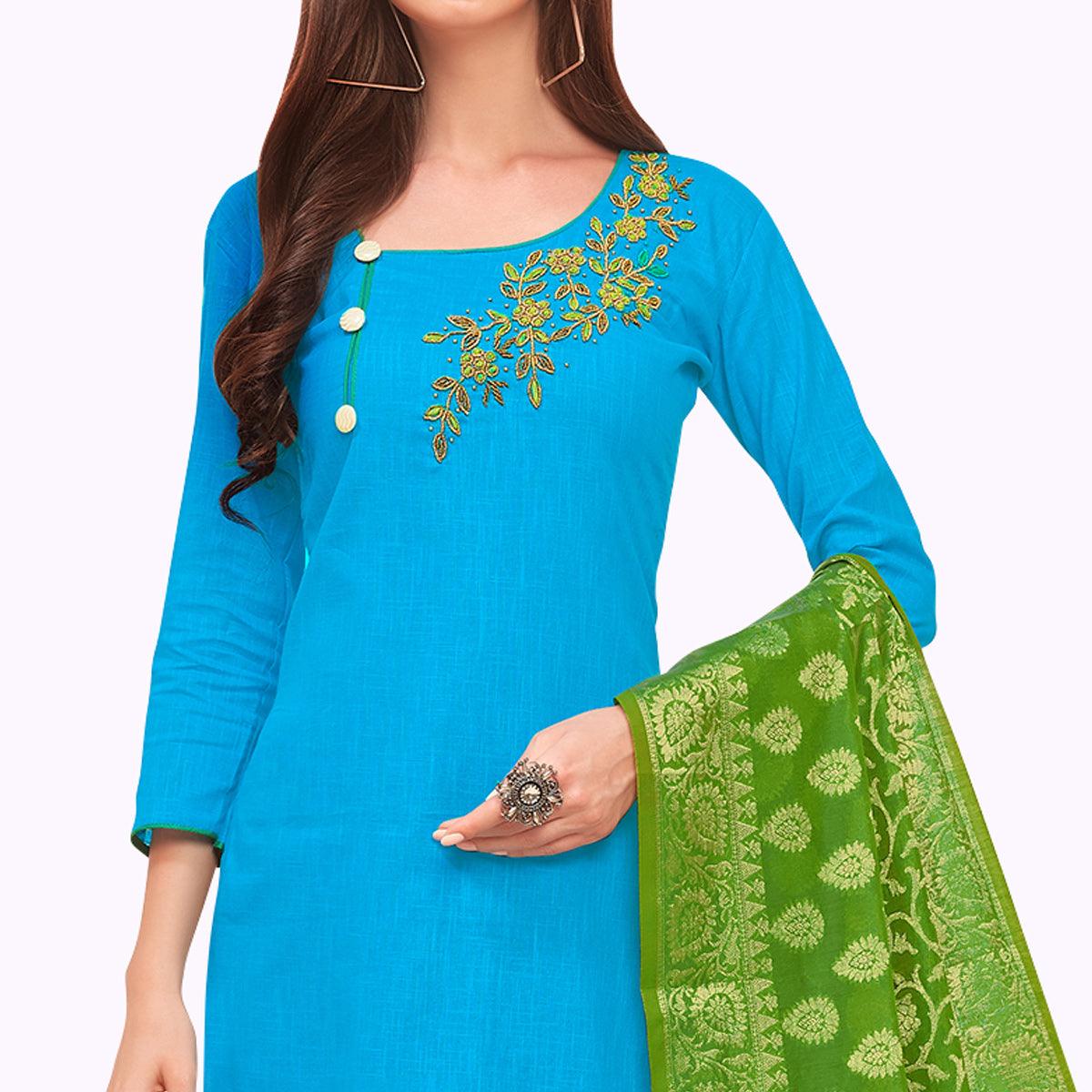 Lovely Sky Blue Colored Casual Wear Embroidered Cotton Dress Material With Banarasi Silk Dupatta - Peachmode
