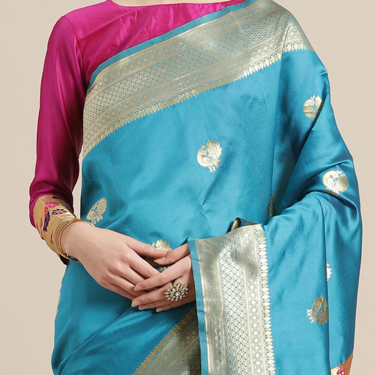 Lovely Sky Blue Colored Festive Wear Woven Silk Blend Saree - Peachmode