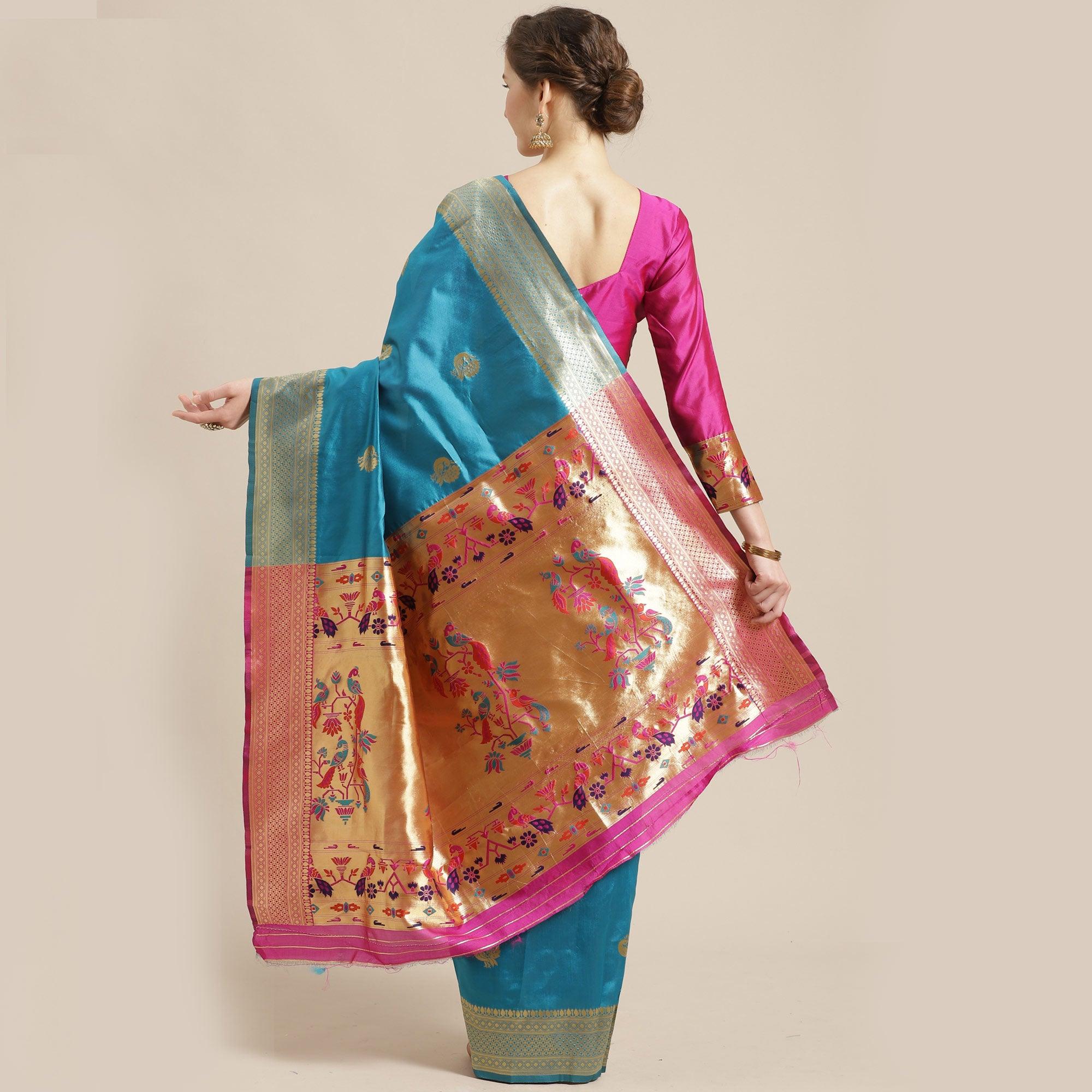 Lovely Sky Blue Colored Festive Wear Woven Silk Blend Saree - Peachmode
