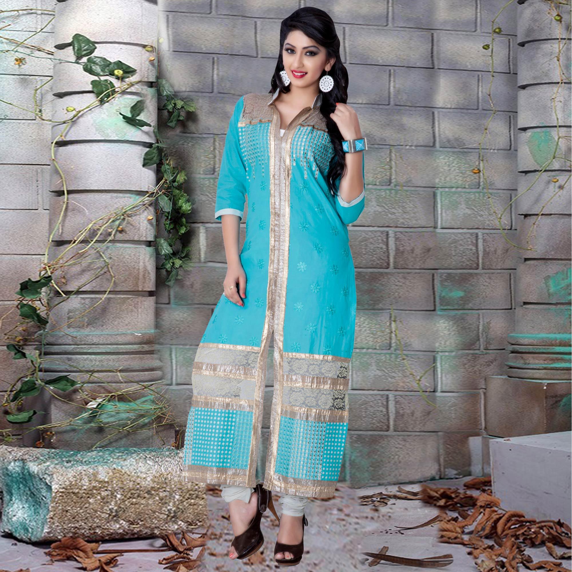 Lovely Sky Blue Colored Party Wear Embroidered Cotton Dress Material - Peachmode