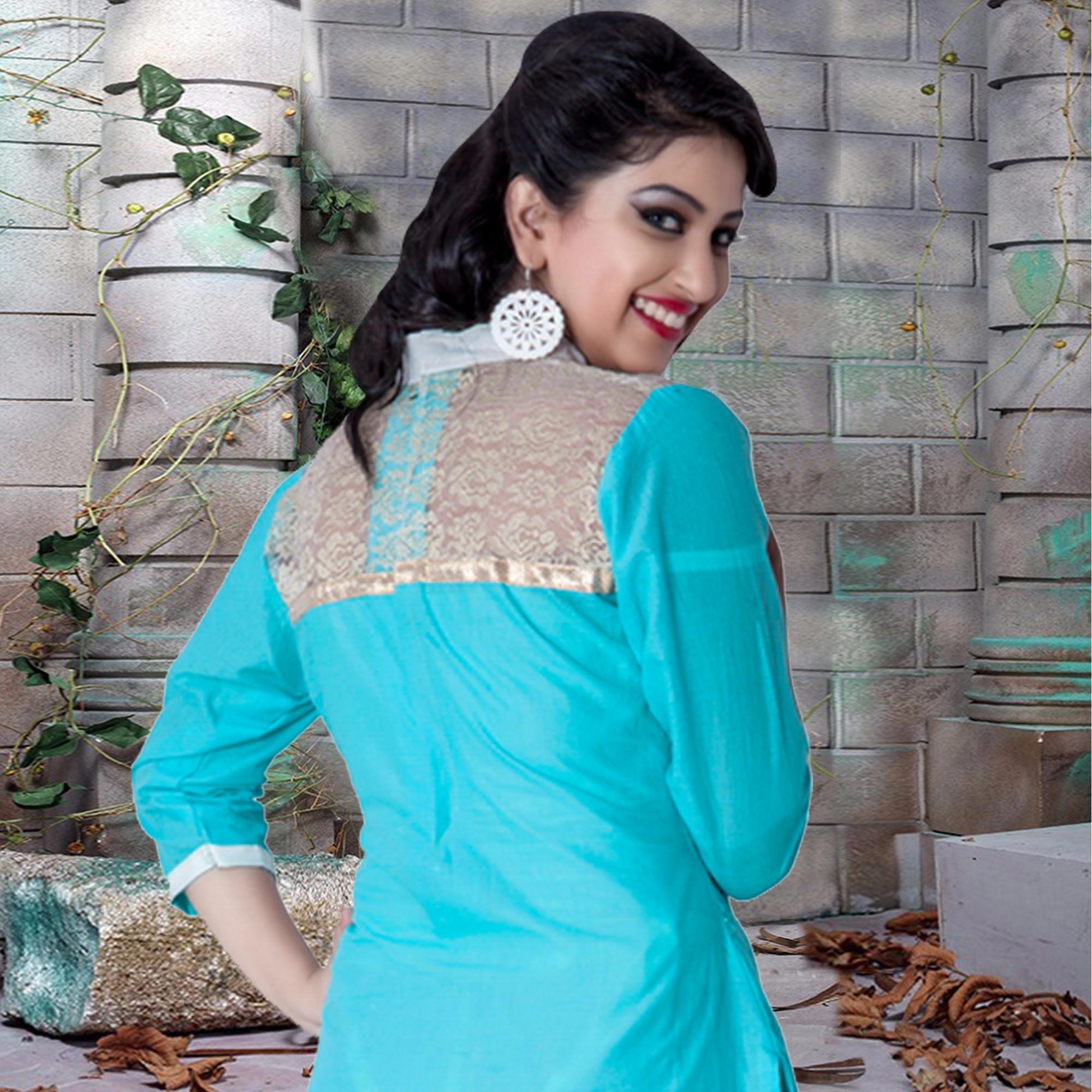 Lovely Sky Blue Colored Party Wear Embroidered Cotton Dress Material - Peachmode