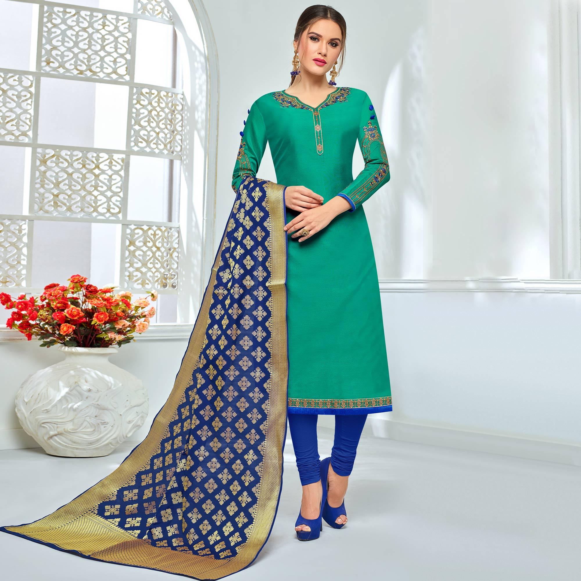 Lovely Teal Green Colored Party Wear Embroidered Chanderi Suit - Peachmode