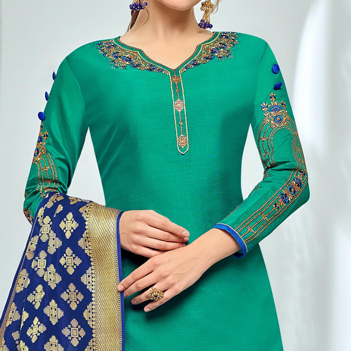 Lovely Teal Green Colored Party Wear Embroidered Chanderi Suit - Peachmode