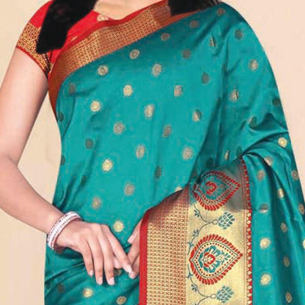 Lovely Turquoise Coloured Festive Wear Woven Kota Litchi Art Silk Saree - Peachmode
