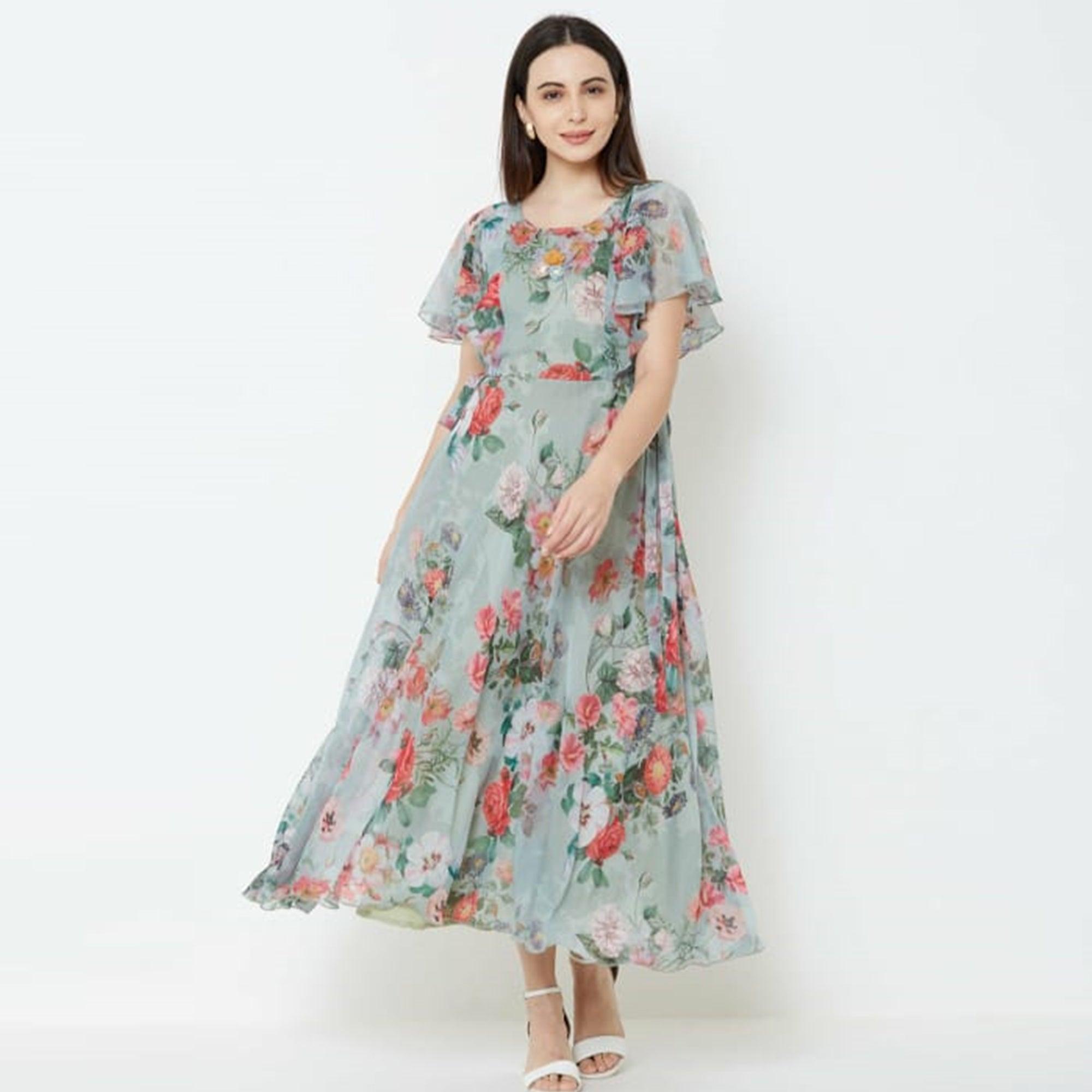 Lovely Vintage Green Colored Casual Printed Chiffon Gown - Peachmode