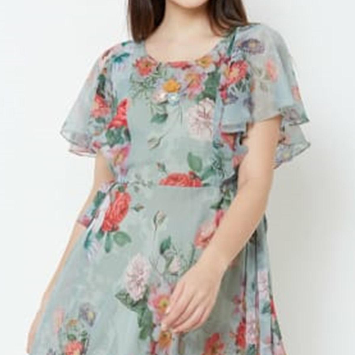 Lovely Vintage Green Colored Casual Printed Chiffon Gown - Peachmode