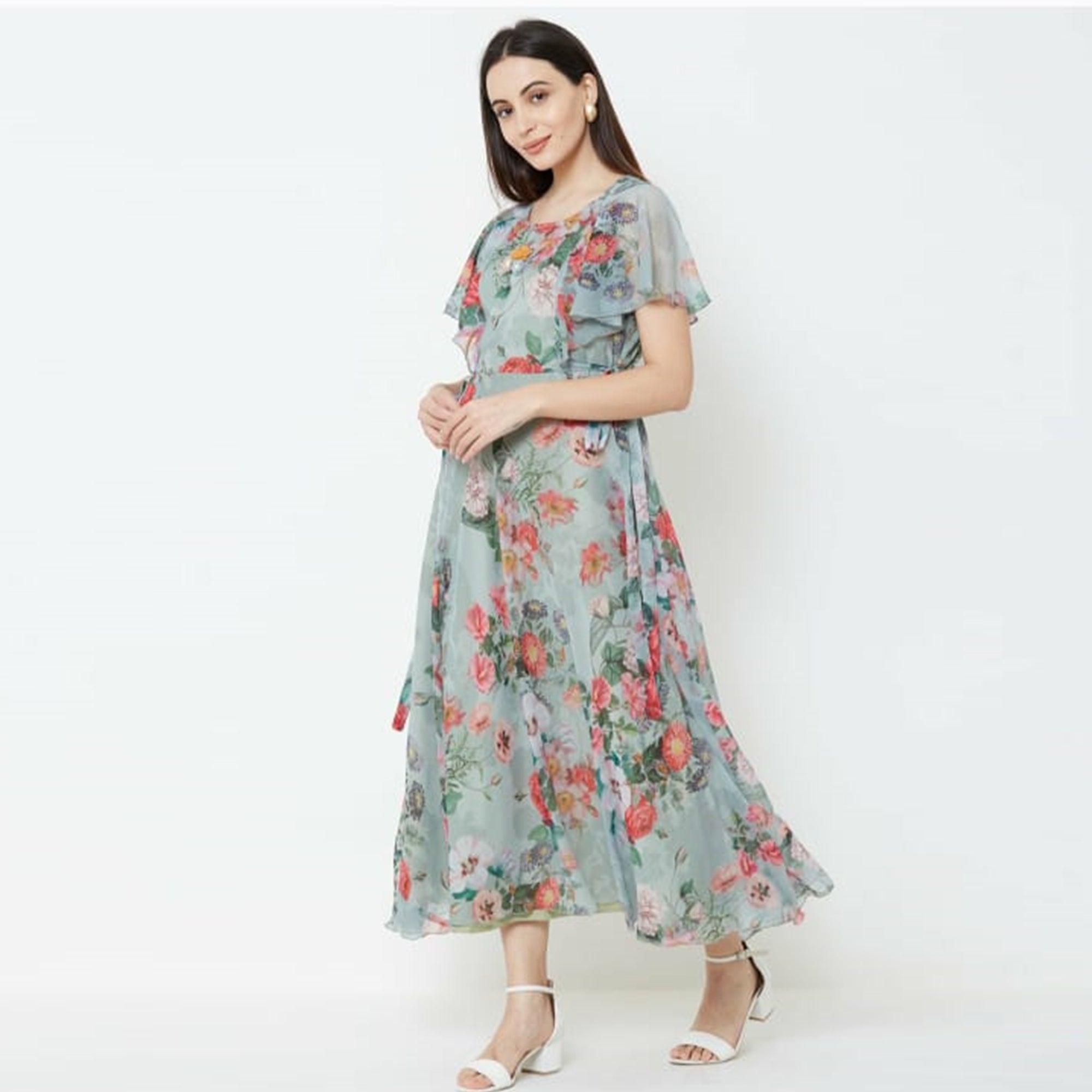 Lovely Vintage Green Colored Casual Printed Chiffon Gown - Peachmode
