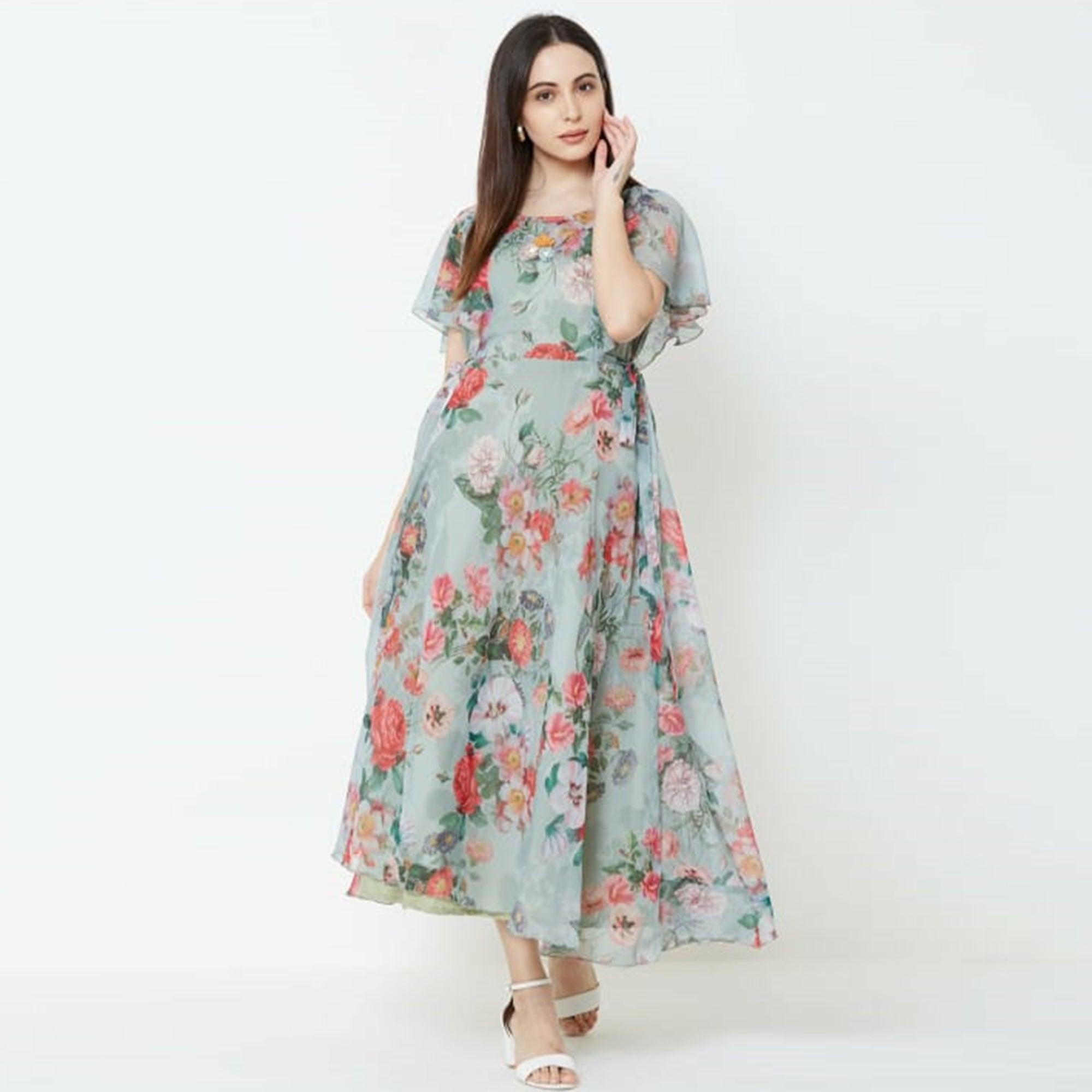 Lovely Vintage Green Colored Casual Printed Chiffon Gown - Peachmode