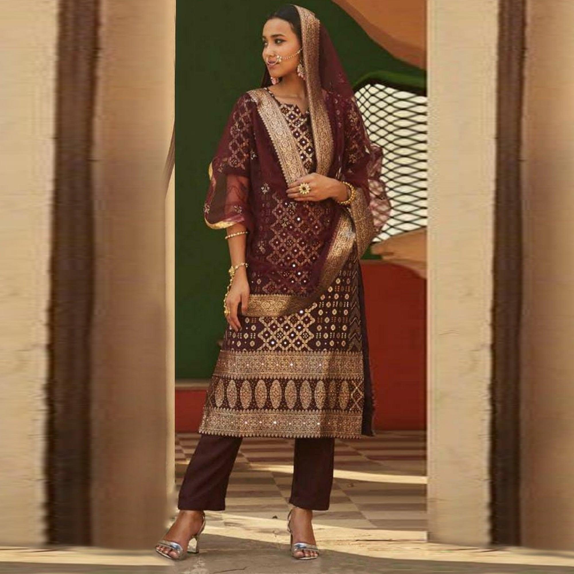 Lovely Wine Colored Partywear Woven Cotton Silk Stitched Suit - Peachmode