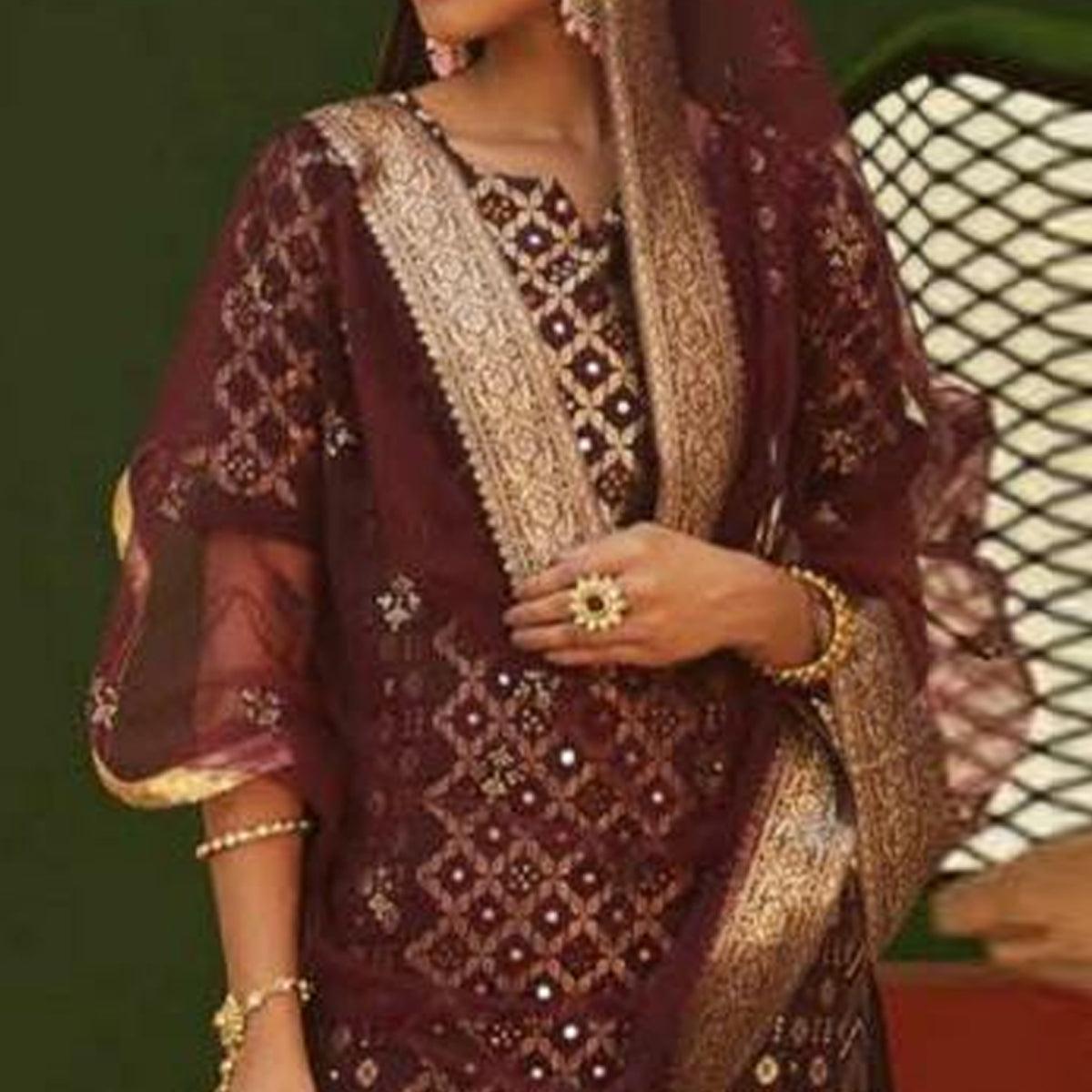 Lovely Wine Colored Partywear Woven Cotton Silk Stitched Suit - Peachmode