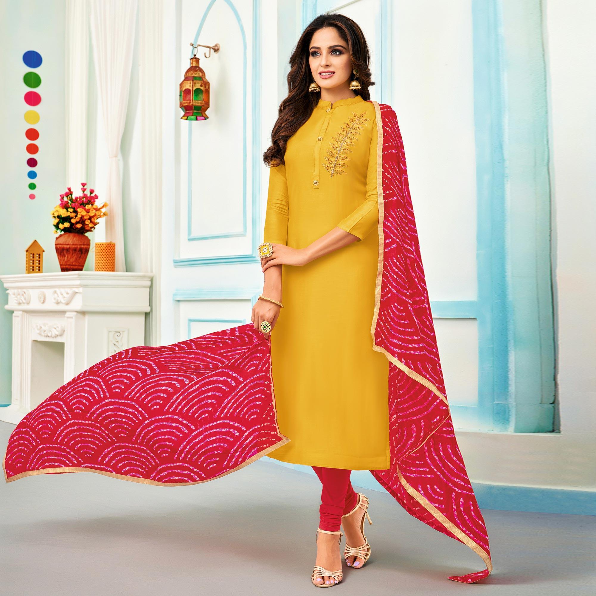 Lovely Yellow Colored Casual Wear Embroidered Chanderi Dress Material - Peachmode