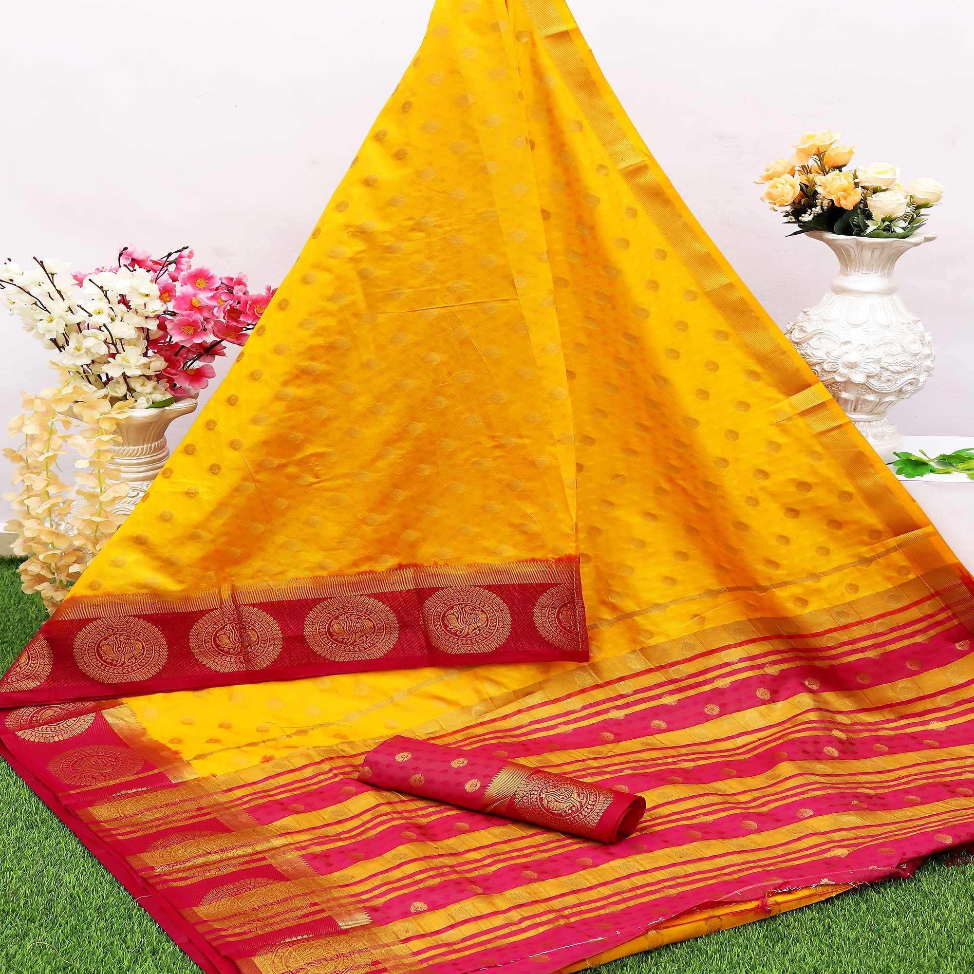 Lovely Yellow Colored Festive Wear Woven Nylon Silk Saree - Peachmode