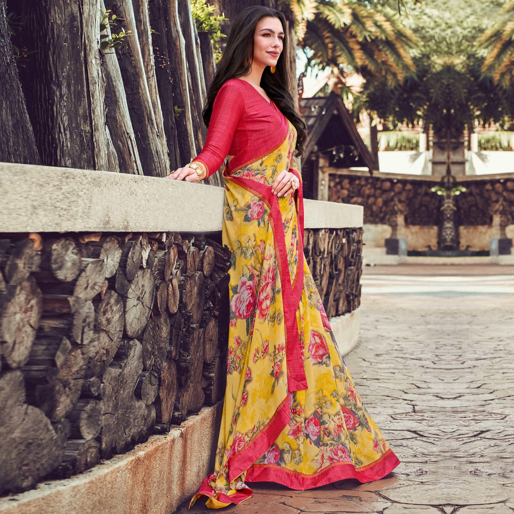 Lovely Yellow Colored Partywear Designer Printed Georgette Saree - Peachmode