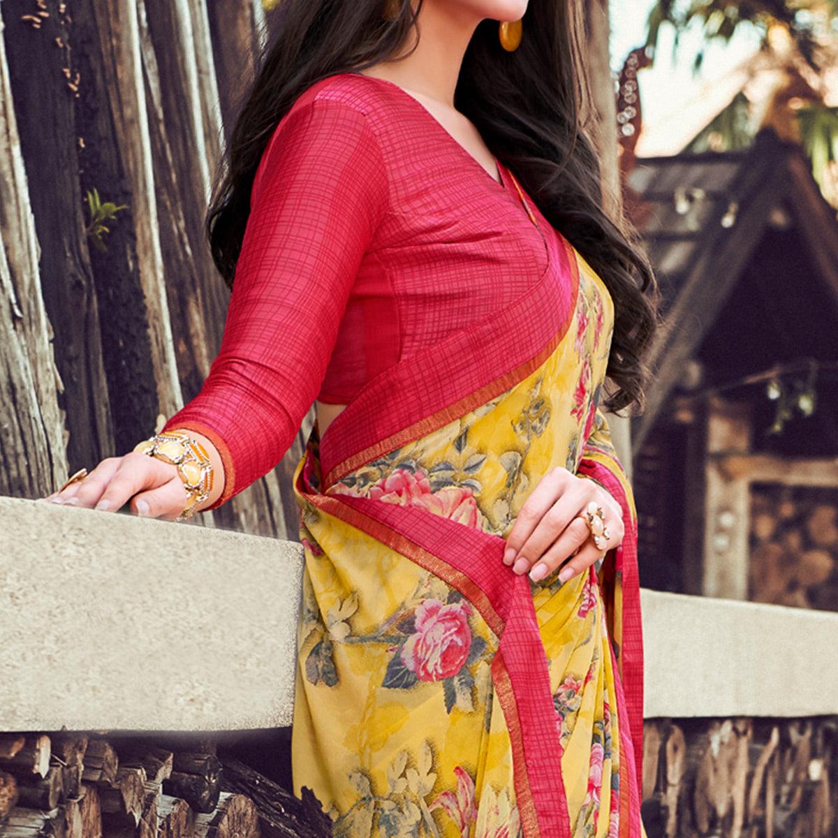 Lovely Yellow Colored Partywear Designer Printed Georgette Saree - Peachmode