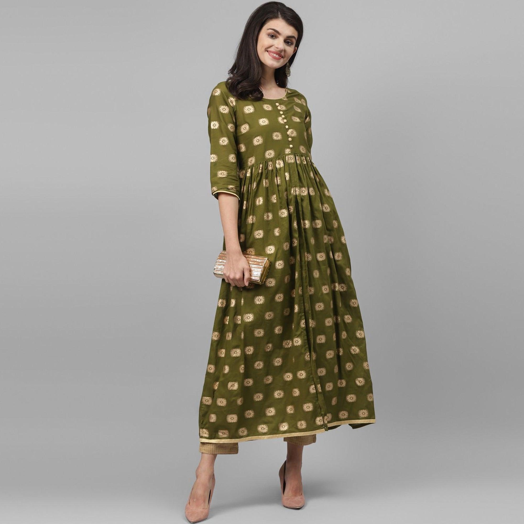 Maai - Green Casual Block Printed Cotton Anarkali Kurti - Peachmode