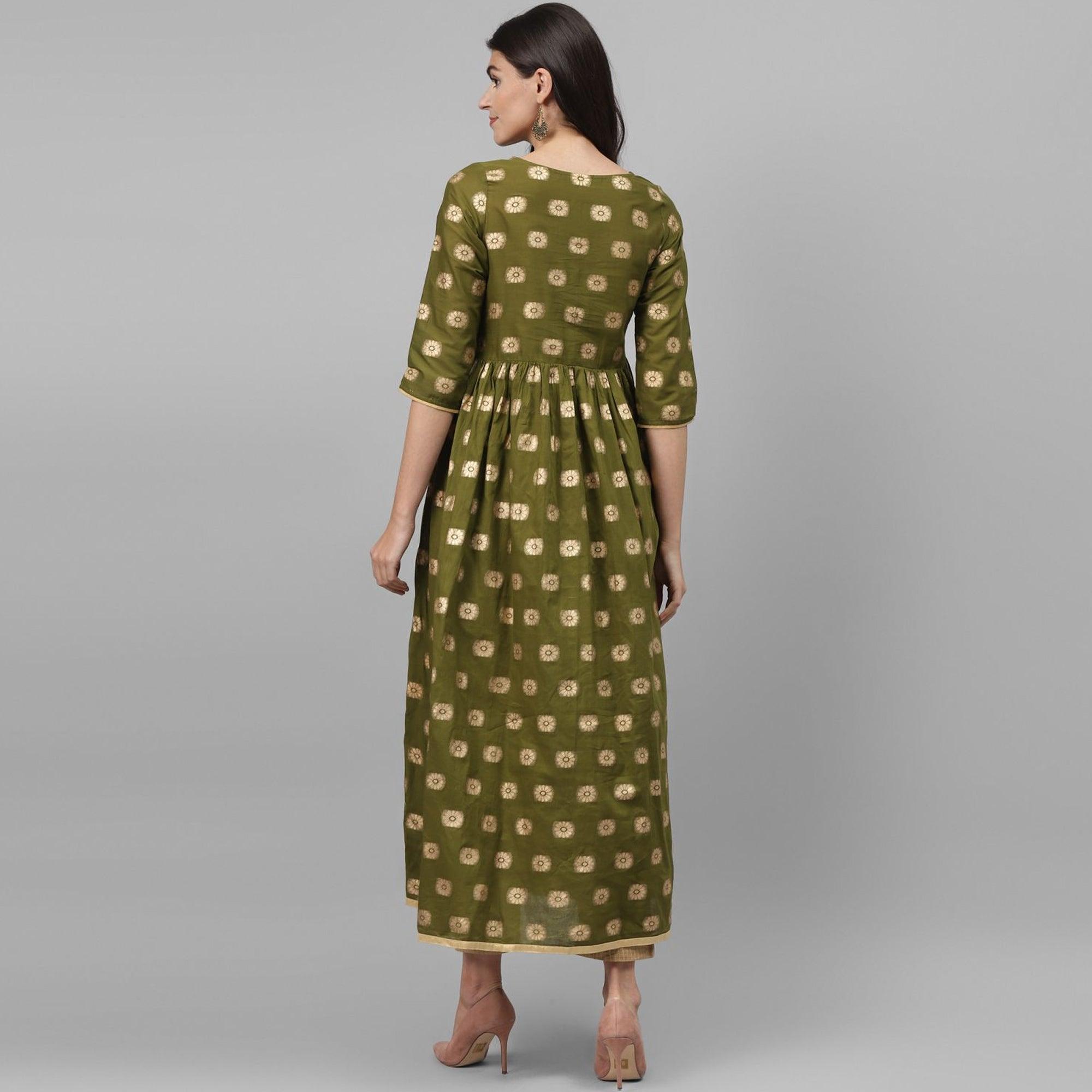 Maai - Green Casual Block Printed Cotton Anarkali Kurti - Peachmode