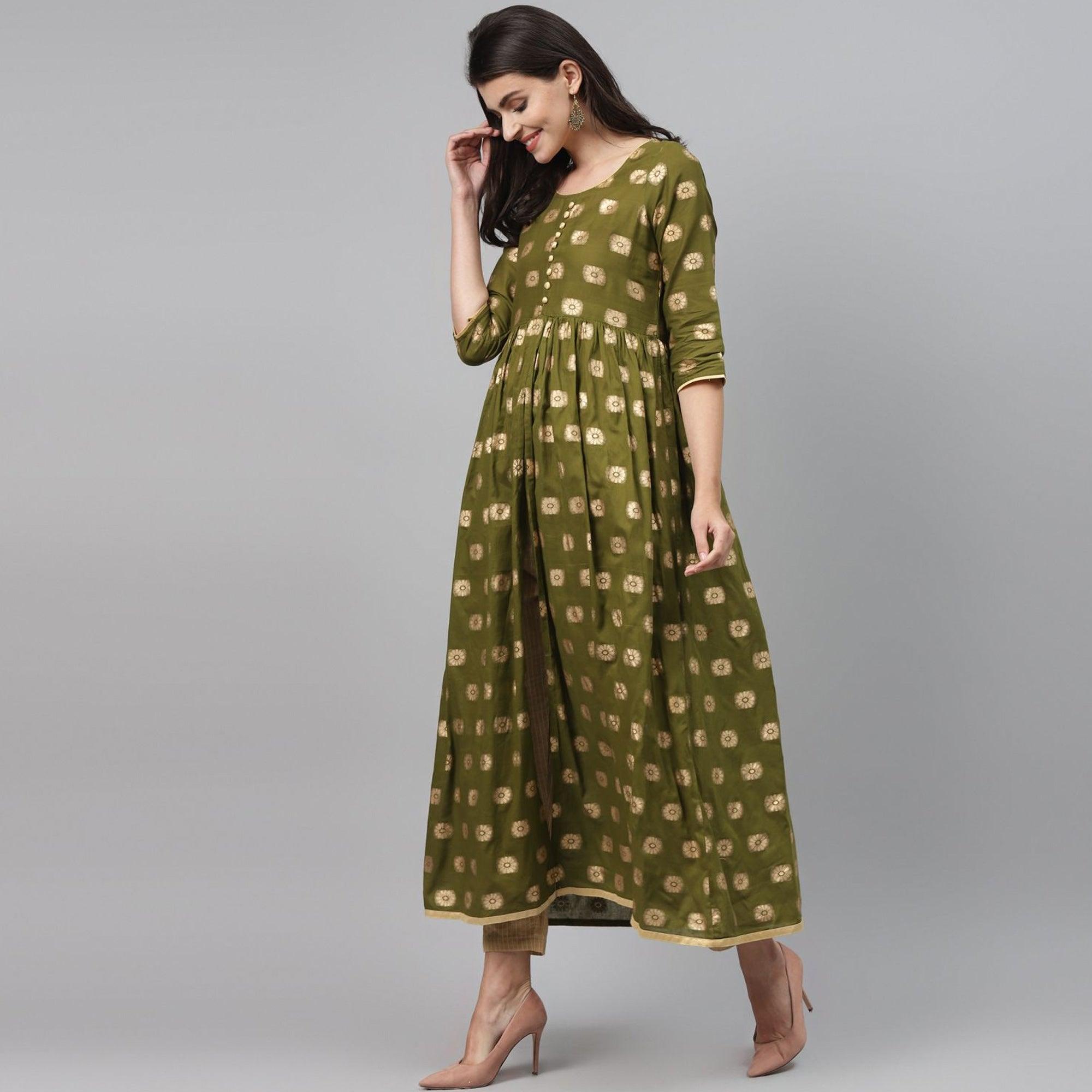 Maai - Green Casual Block Printed Cotton Anarkali Kurti - Peachmode
